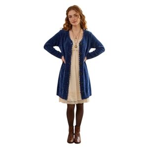 LG Vintage D.A.R. Cobalt Blue Chenille Cardigan Scalloped Trim Whimsigoth Duster